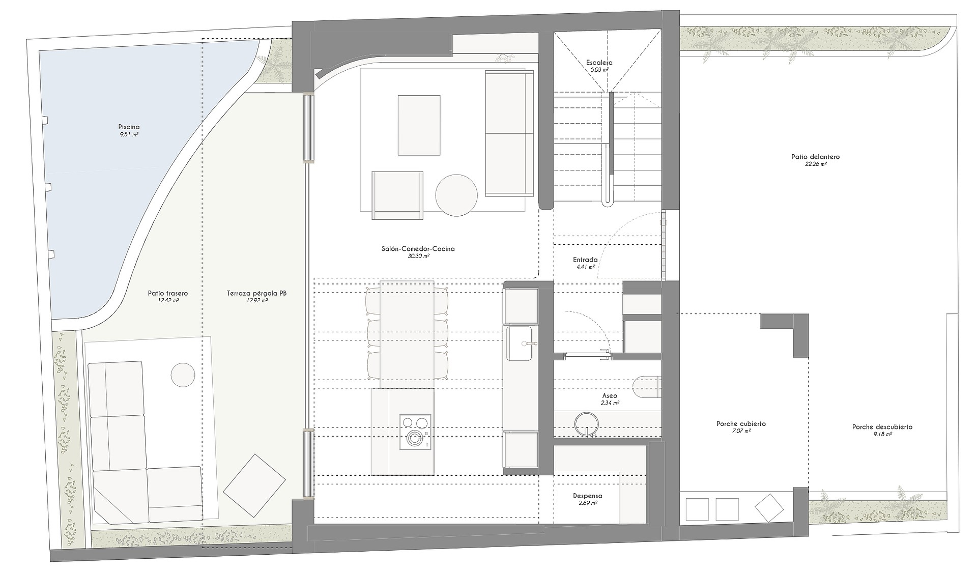 Top-down 2D floor plan drawing of a townhouse, showing interior room arrangements and external courtyard spaces.