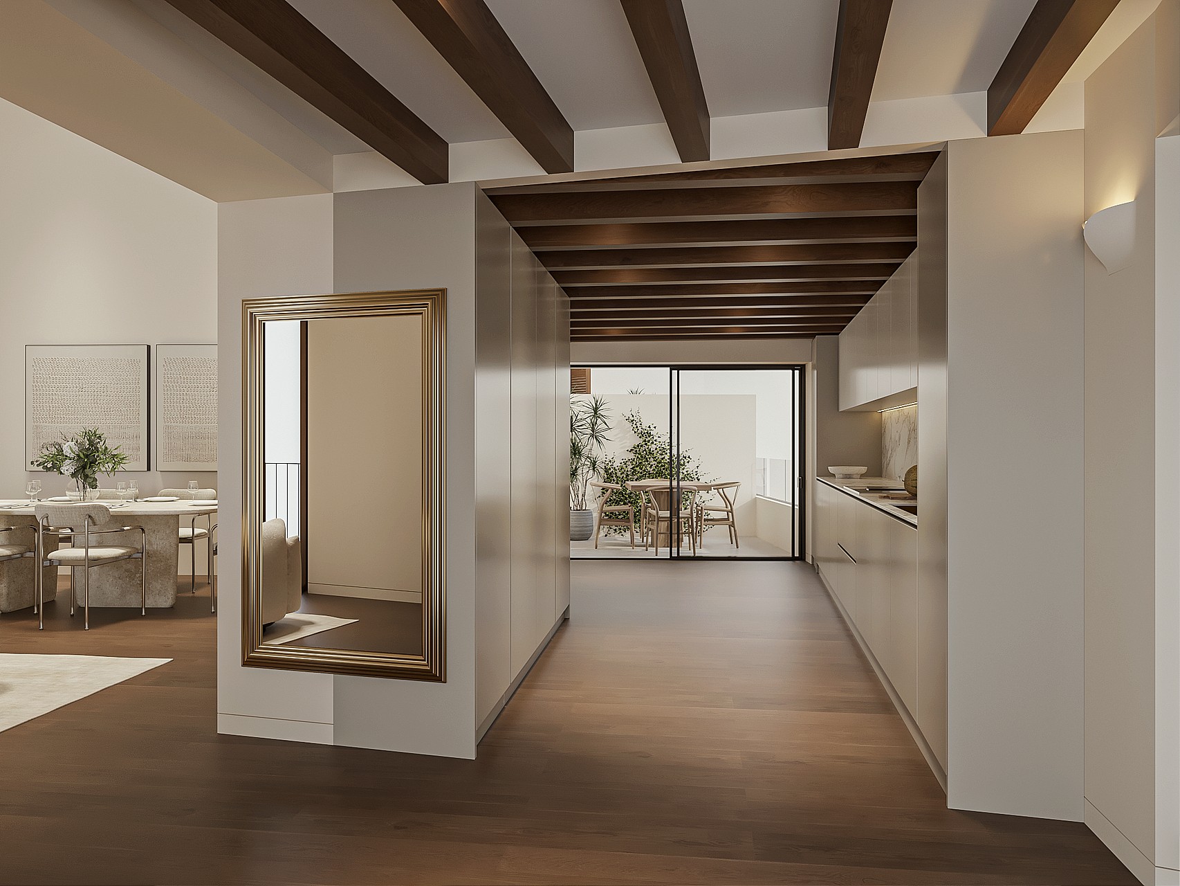 Open-plan kitchen with pale bespoke cabinetry and marble splashback beside a dining table, glazed doors to an interior terrace, exposed timber beams overhead.
