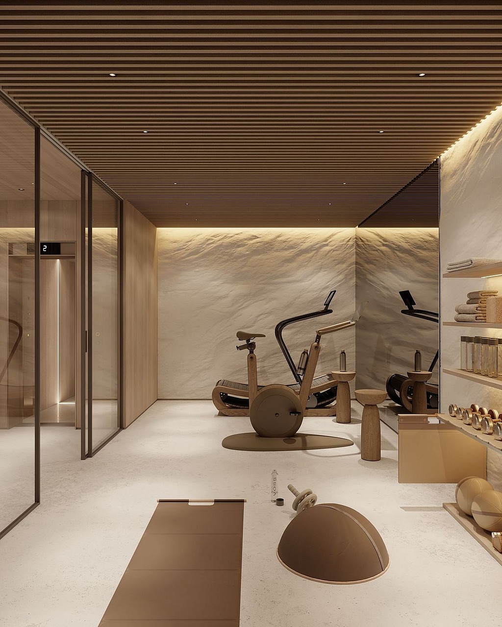 A minimalist home gym featuring a stationary bike, yoga mat, and balance ball, with textured stone walls and recessed lighting.