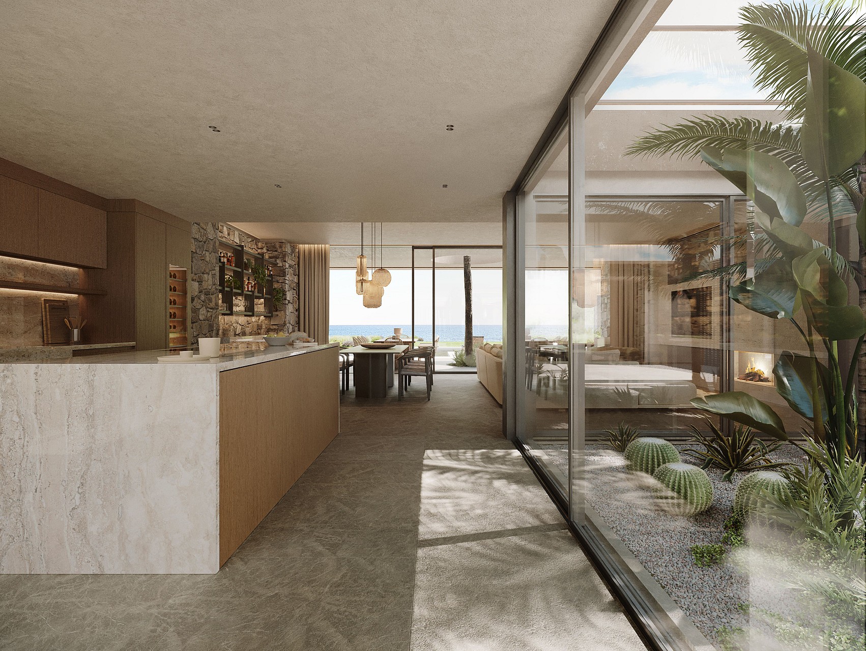 Modern open-plan kitchen featuring a white marble island, light wood cabinetry, and a glass-enclosed interior courtyard.