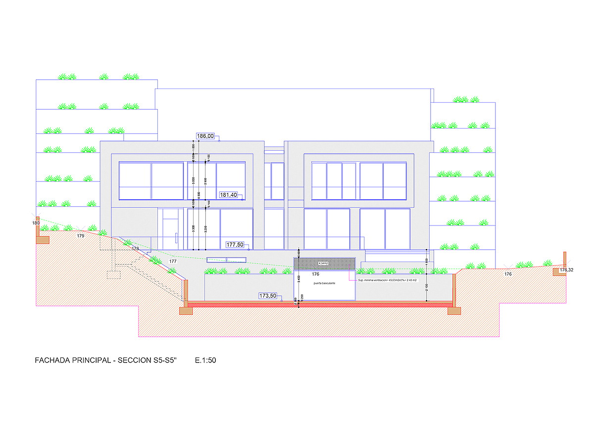 Technical architectural drawing showing the lateral facade elevation and site integration of the modern property.