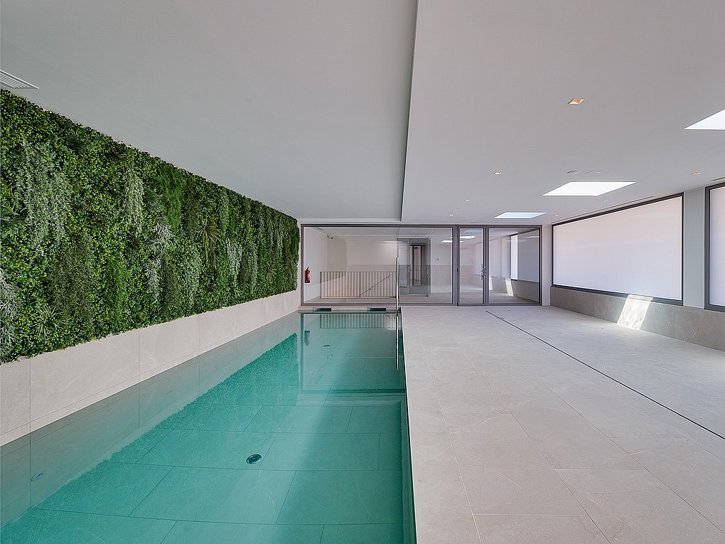Rectangular indoor lap pool with full-length living plant wall to one side, skylights above and floor-to-ceiling glazing at the far end