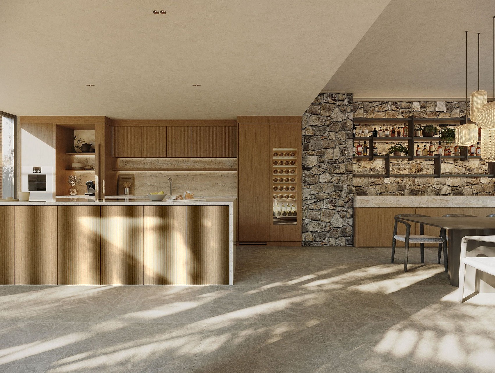 A modern open-plan kitchen featuring slatted oak cabinetry, stone floors, a textured stone feature wall, and a dining area.