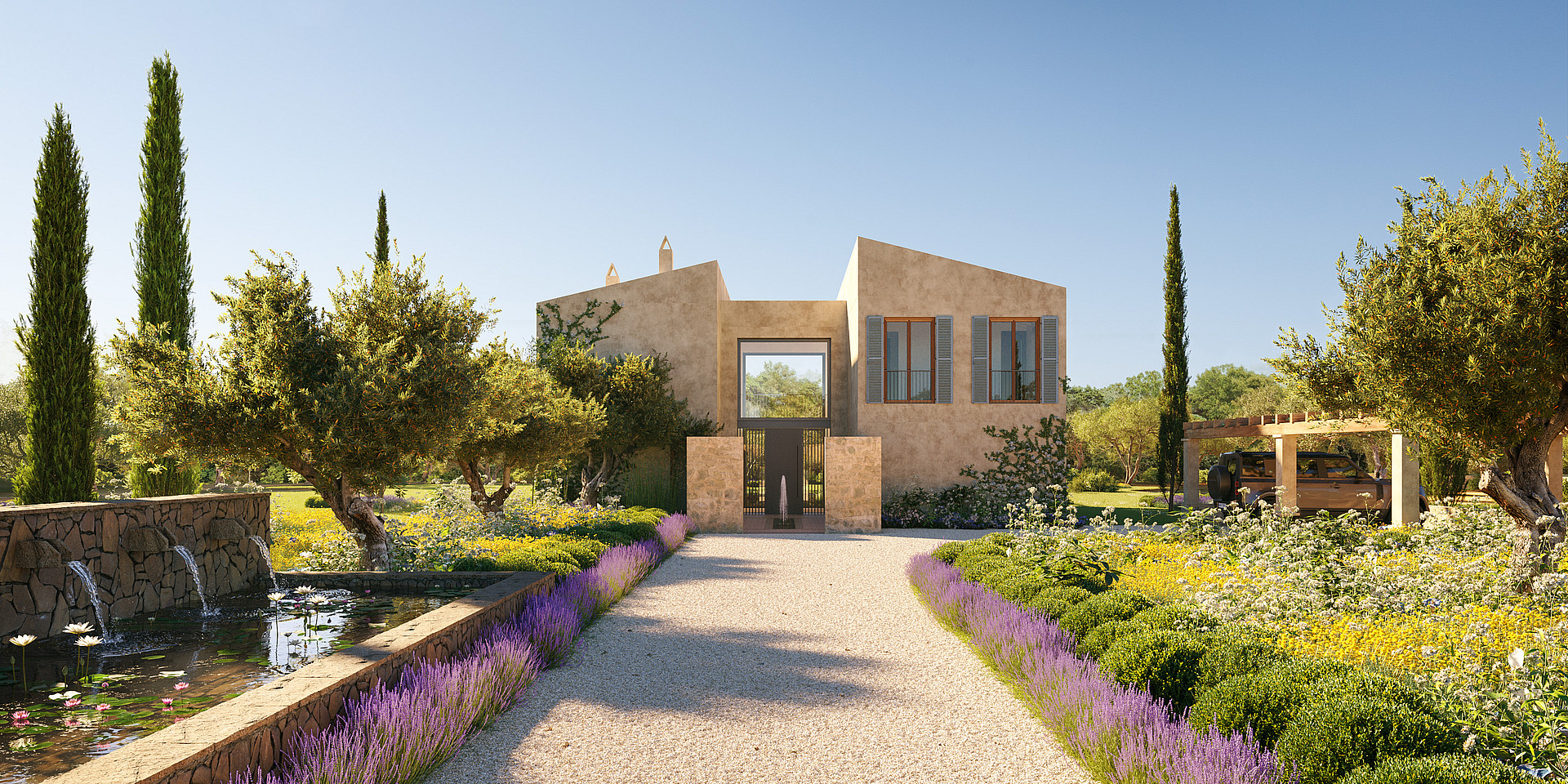 Render of a new-build finca with gabled brick facades, stone base and green-roofed carport pergolas