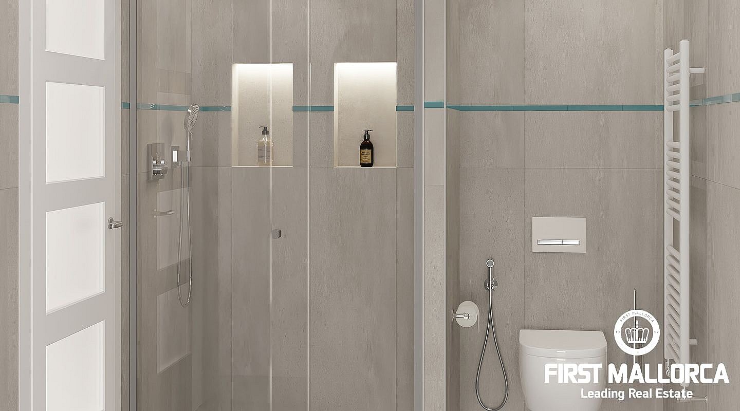 A modern bathroom featuring grey large-format wall tiles, a glass shower partition, wall-mounted toilet, and recessed lighting.