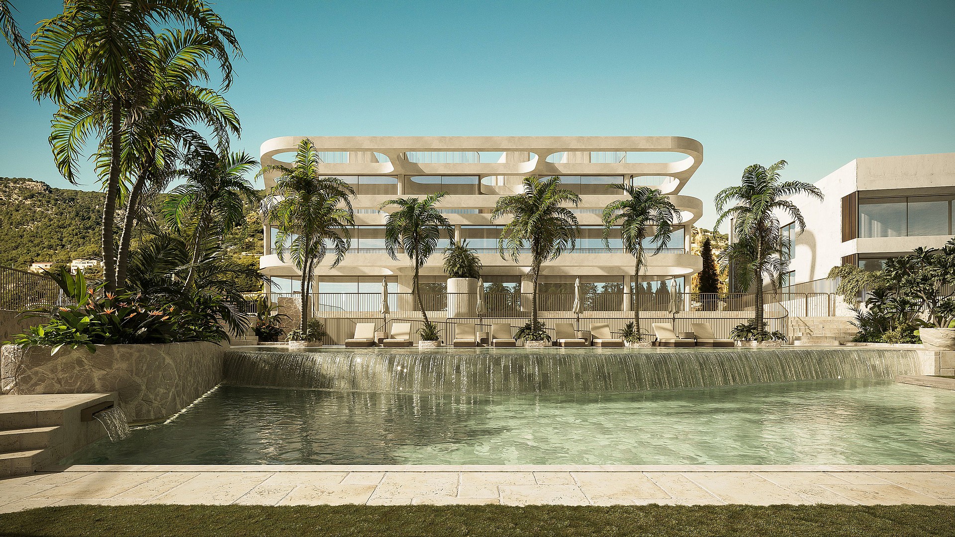Exterior view of a multi-story apartment building with stacked white balconies and a foreground swimming pool under clear sky.