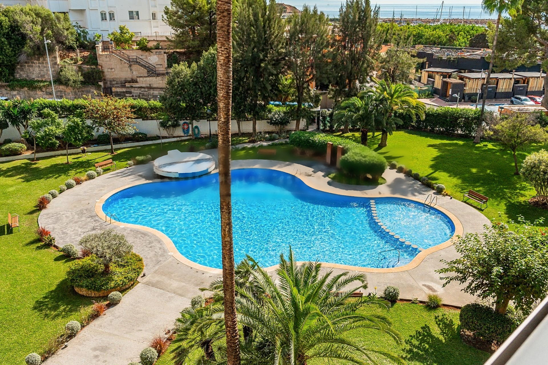 High-angle view of a kidney-shaped blue swimming pool surrounded by manicured green lawns and palm trees in Portals Nous.