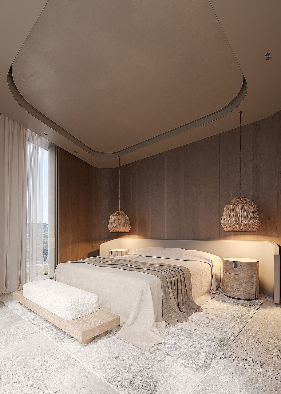 Modern bedroom with a white bed, beige bench, and textured wooden wall panels under a curved ceiling cove light.