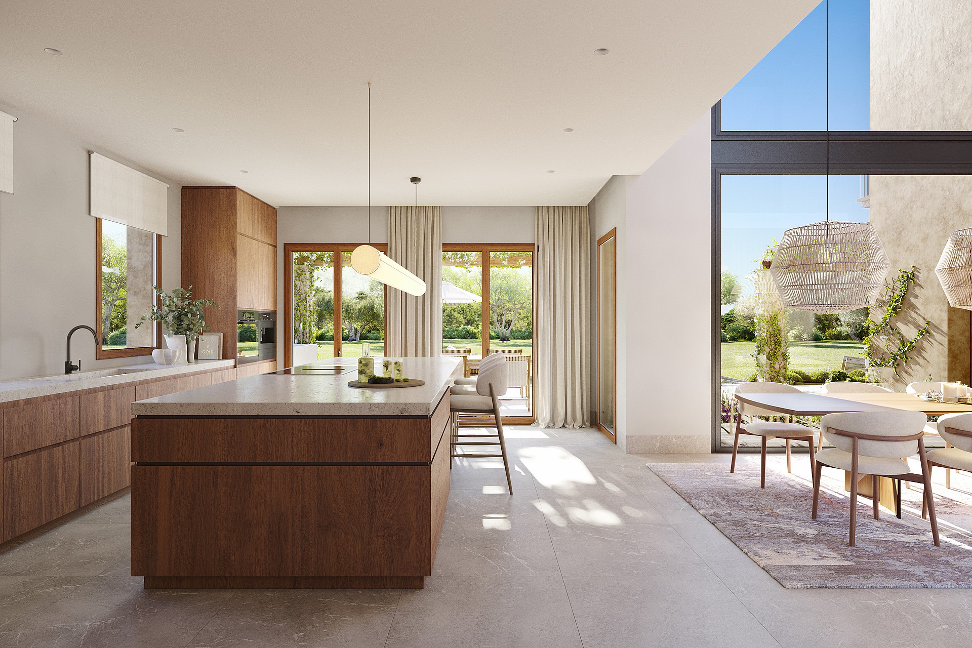 Render of a kitchen with walnut-toned cabinetry, stone worktops and glazed doors opening to a covered terrace