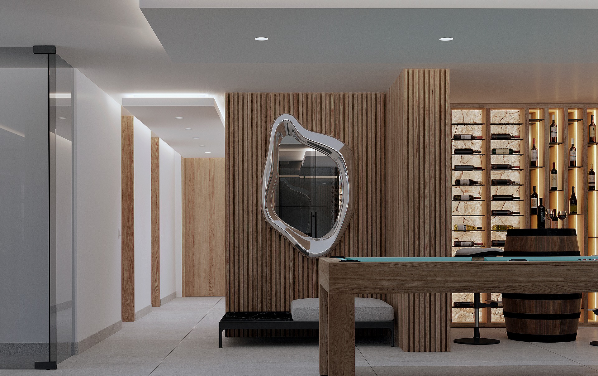 Modern game room featuring a vertical wood-slatted accent wall, an irregular organic-shaped mirror, and a built-in wine display.