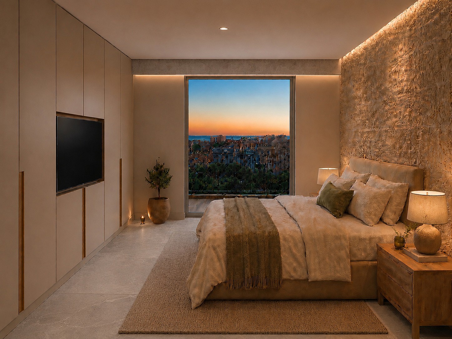 interior of the principal bedroom with views towards the city with morning light