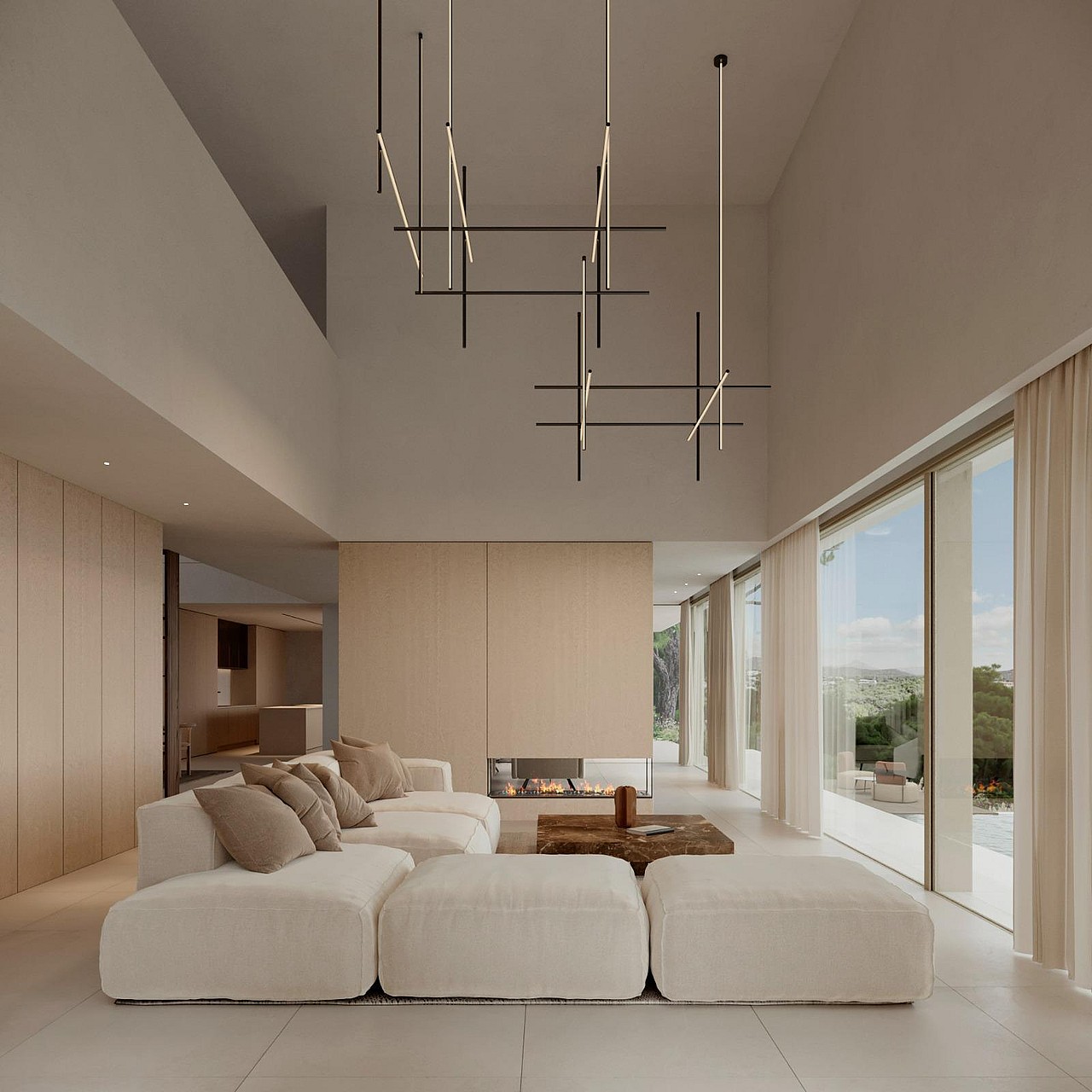 Double-height living room with a suspended fireplace and pool views