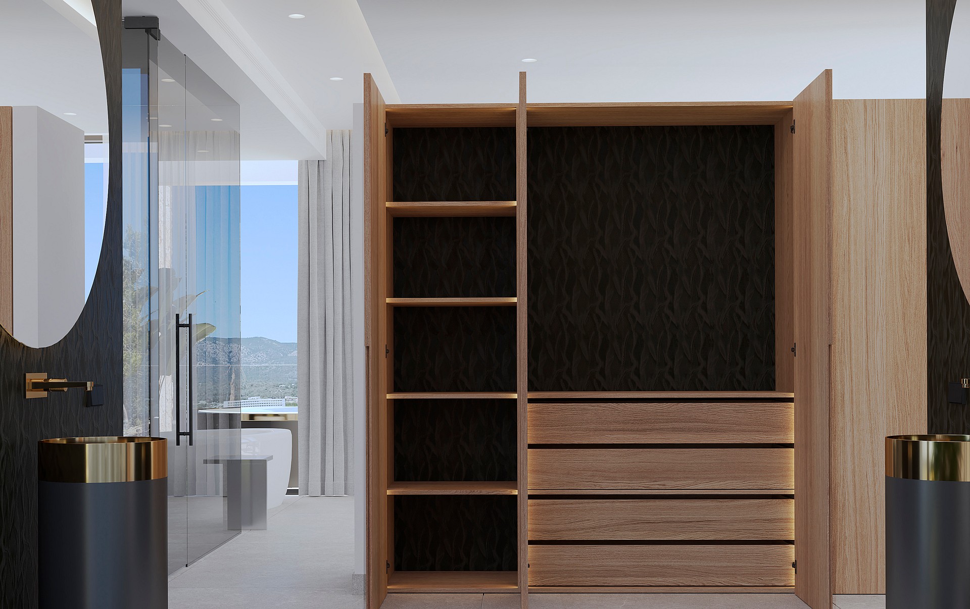 A floor-to-ceiling wooden wardrobe with open shelves and drawers, positioned next to a glass-enclosed bathroom area.