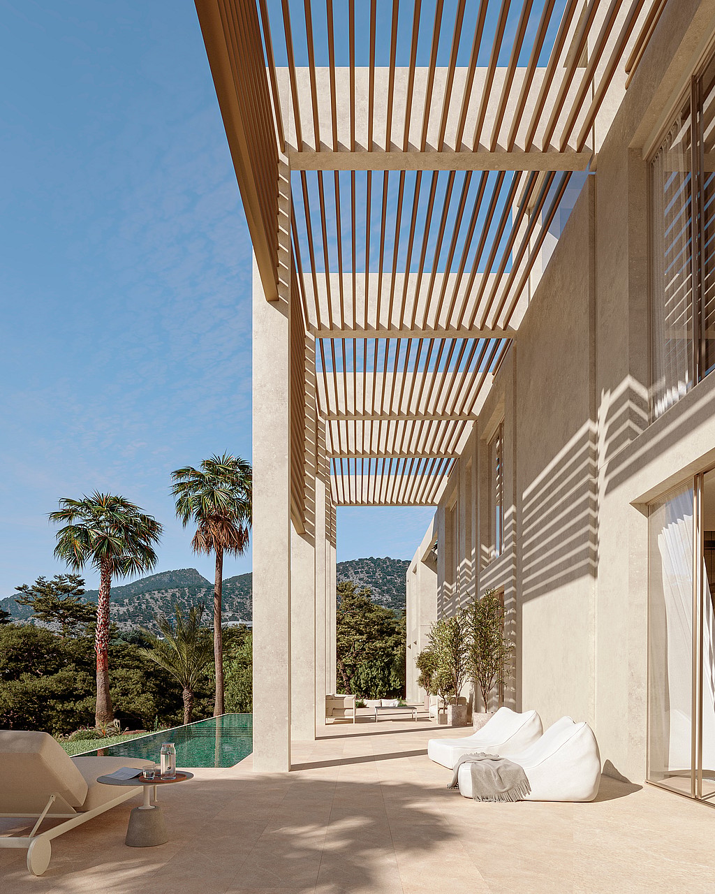 Contemporary stone terrace featuring a wooden slatted pergola casting linear shadows on a light facade beside a pool.