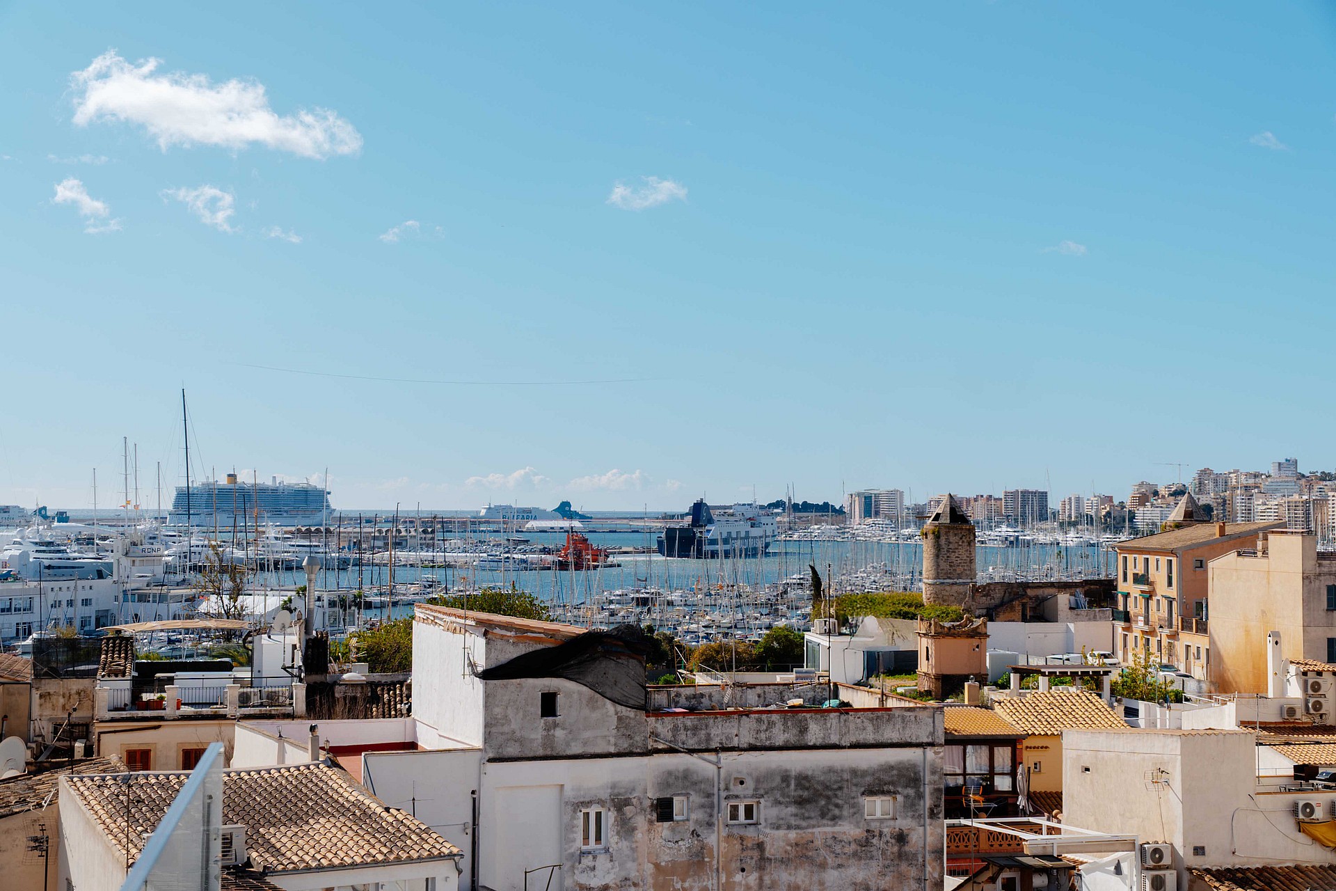 Elevated view overlooking the Santa Catalina neighborhood rooftops towards the marina and industrial port under a clear sky.