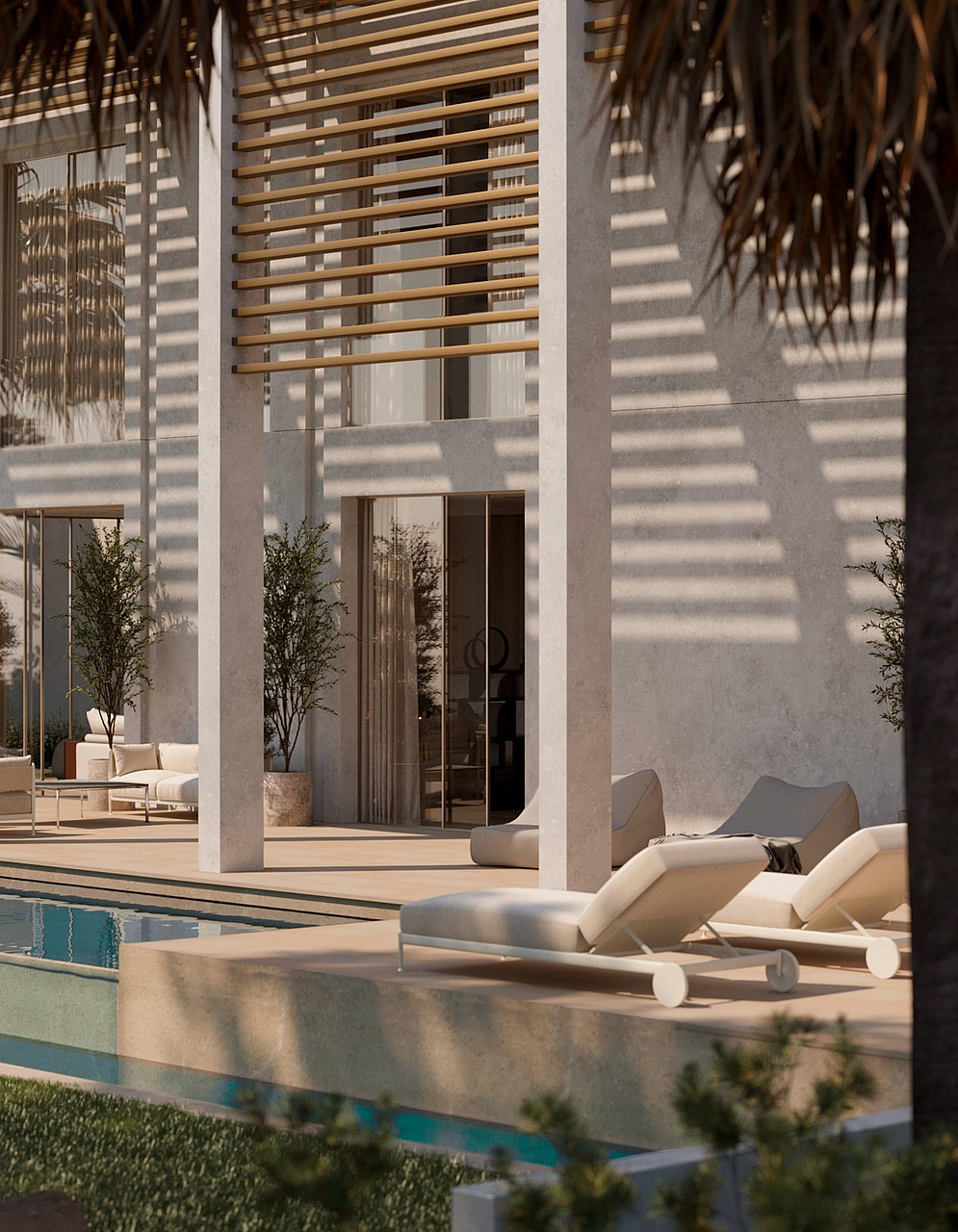 Modern villa facade with wooden sunshades casting linear shadows over a stone terrace and poolside lounging area.