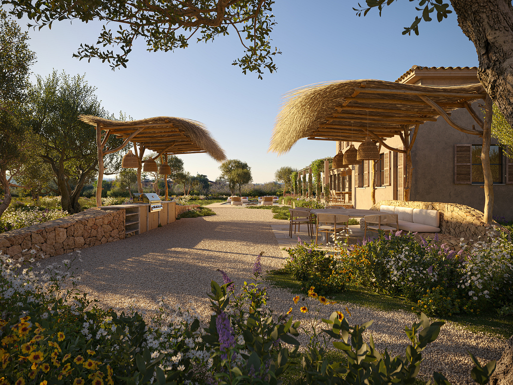 A graveled garden patio in Santa Maria featuring two rustic woven reed pergolas, stone border walls, and native Mediterranean planting.