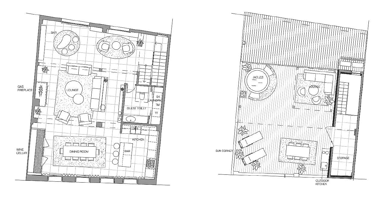 Two-dimensional architectural blueprint showing the layout of two floors of a residential townhouse.