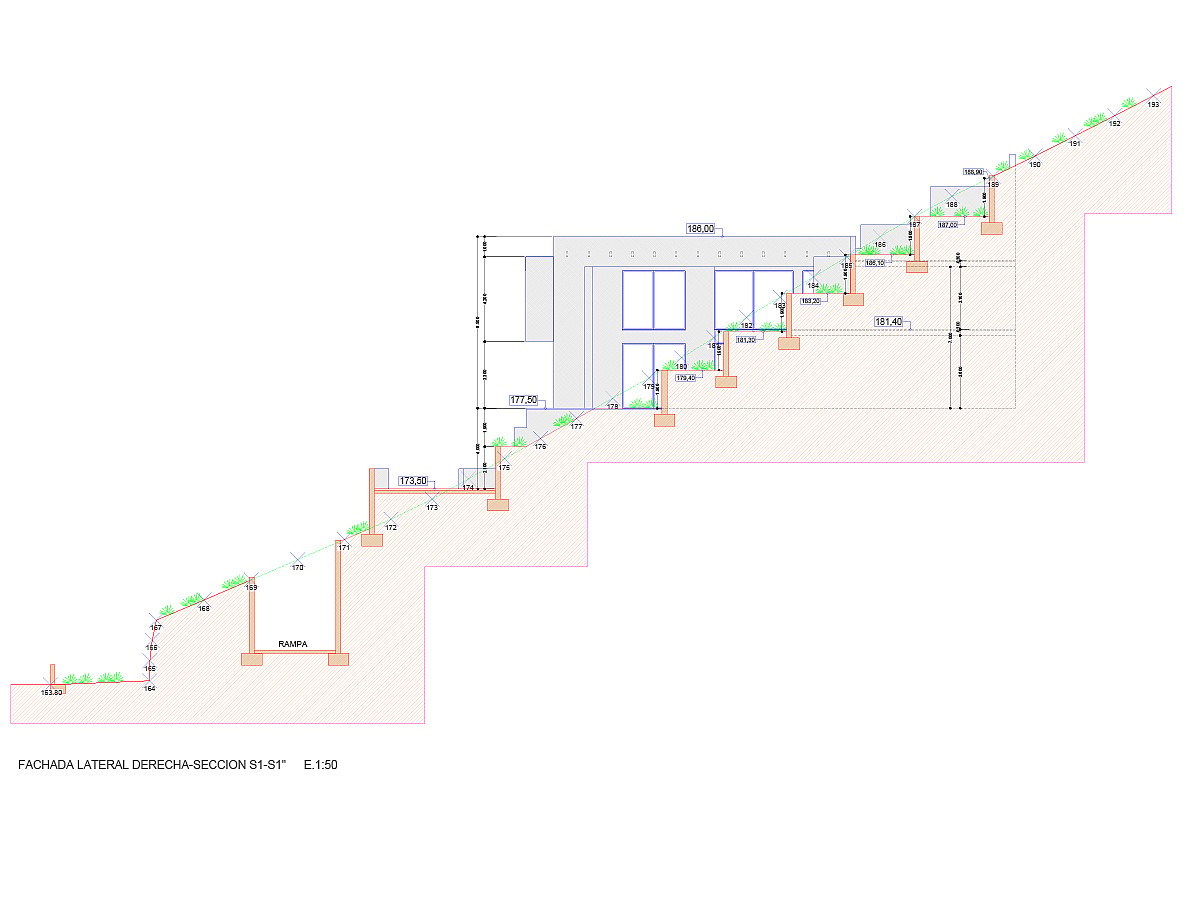 A technical architectural cross-section drawing showing the tiered placement of the building structure against a sloped terrain.