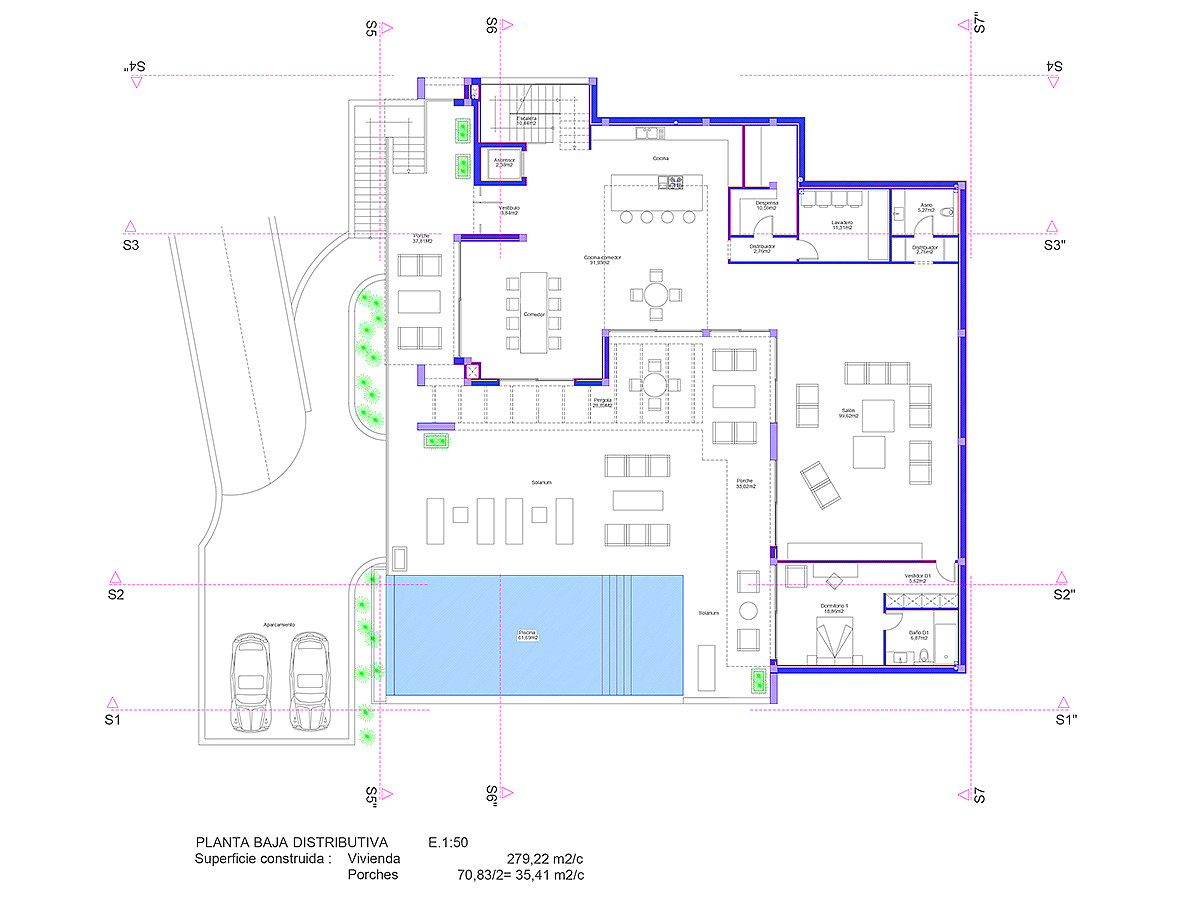 A detailed 2D architectural blueprint showing the ground floor layout, including living spaces, kitchen, and exterior pool area.