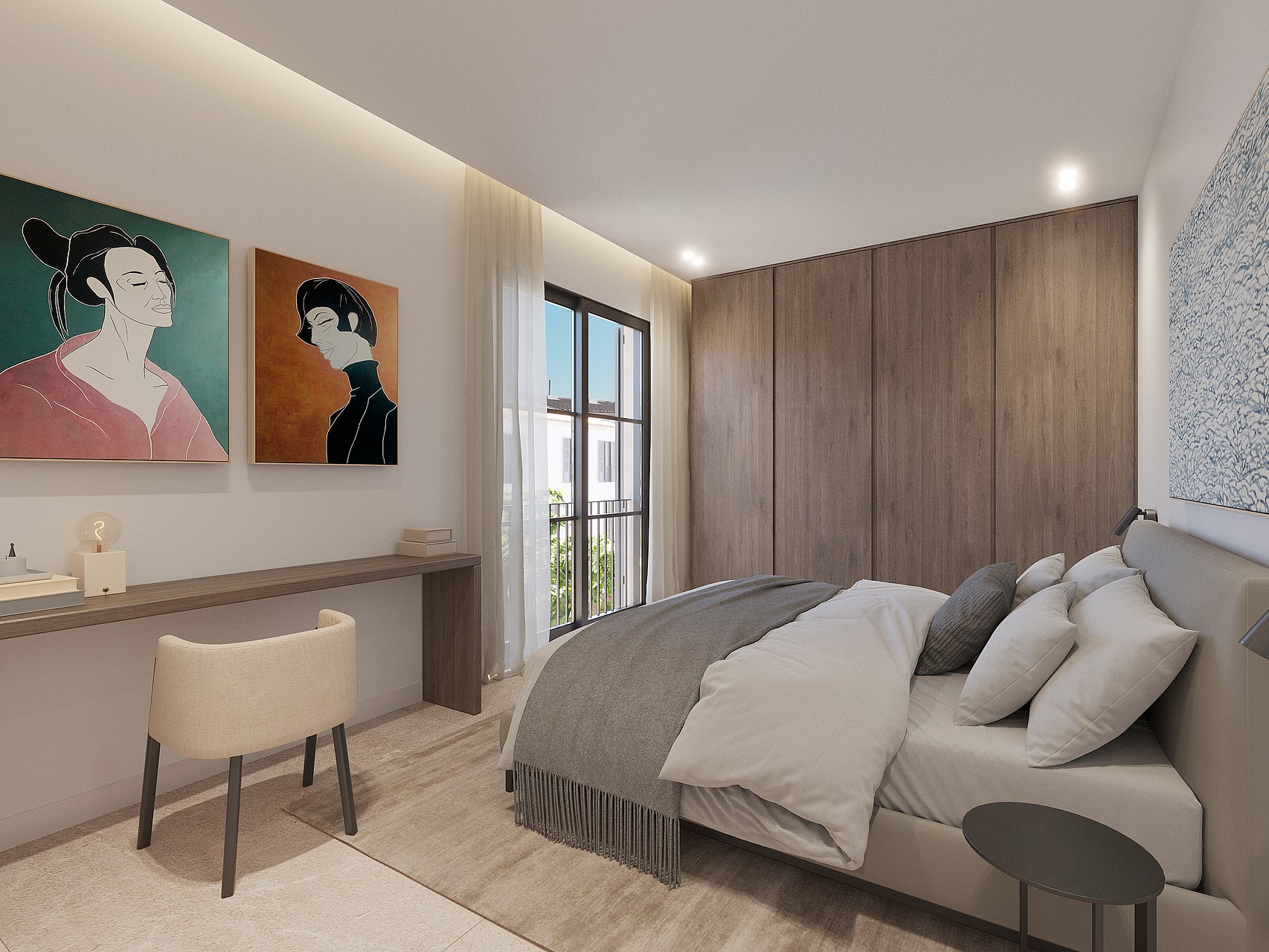 Chambre principale avec tête de lit en bois, linge de lit en lin et tons naturels