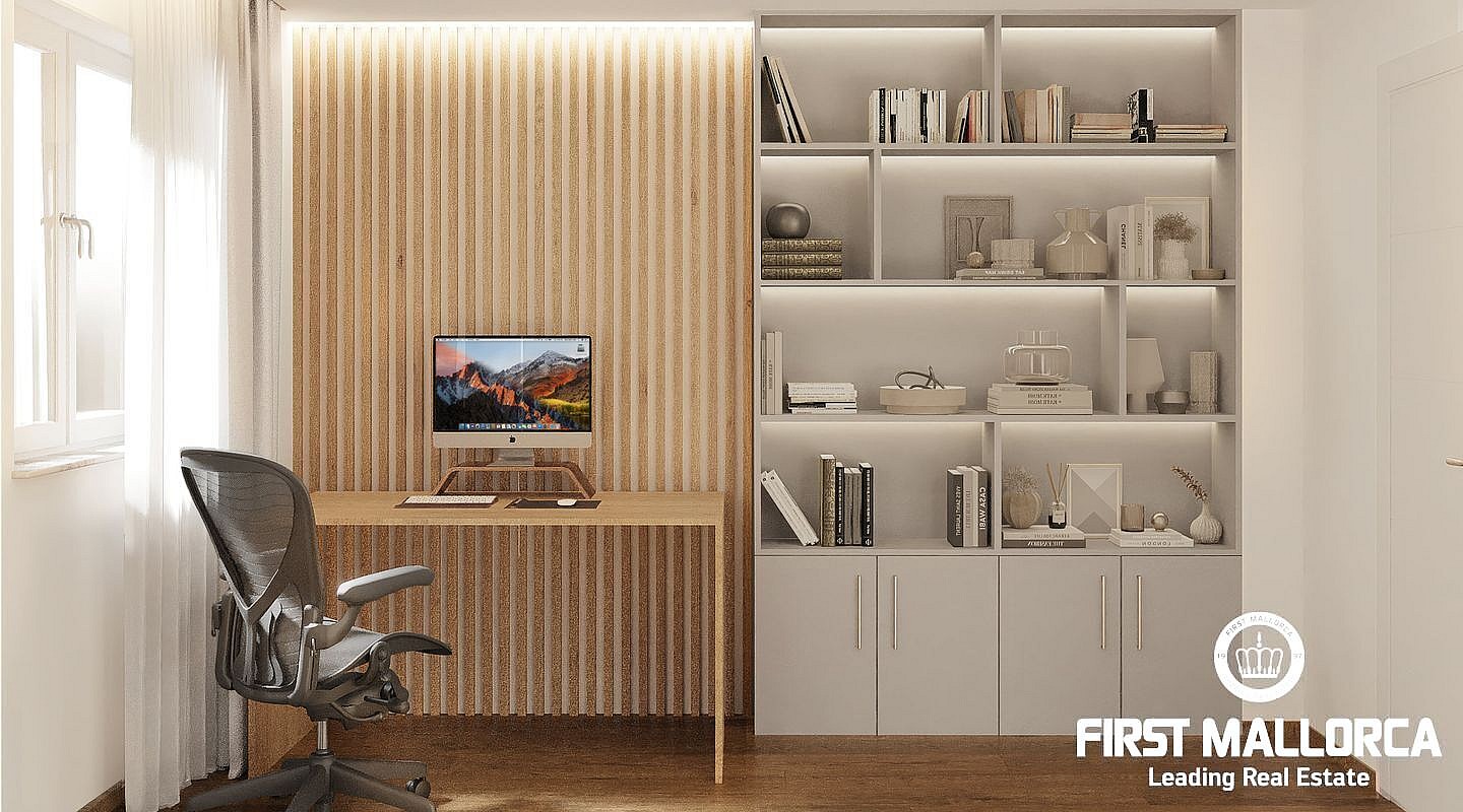 A home office featuring a slatted light oak wood wall, a minimalist desk, an ergonomic mesh office chair, and built-in shelving.
