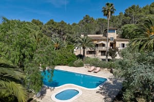 Exterior view of a traditional stone finca surrounded by trees, featuring a rectangular swimming pool and a separate plunge pool on a stone patio.