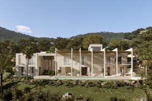 A two-story contemporary villa featuring white concrete pillars, wooden slats, glass walls, and a front swimming pool.