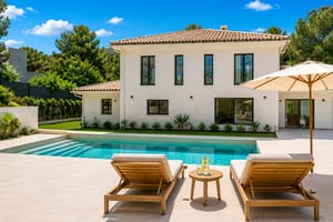 Exterior view of a two-story white villa with clay-tiled roof, rectangular pool, and sun loungers on the paved terrace.