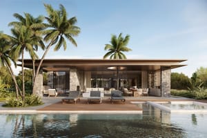 Modern villa facade with a wooden deck, swimming pool, and stone pillars, framed by palm trees under clear sky.