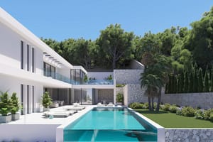 Contemporary white villa with a transparent infinity edge pool, stone terrace, and landscaped garden against a wooded slope.