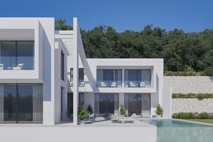 A modern two-story white villa with large floor-to-ceiling glass windows, glass balconies, and a private pool, set against a green hillside.