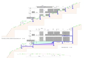 A technical architectural cross-section drawing of a multi-level hillside property, showing structural levels and terrain integration.