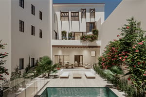 Exterior view of a private apartment courtyard featuring a small swimming pool, covered terrace, and white building facade.
