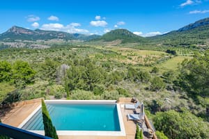 Blue rectangular swimming pool with mountain panorama and native woodland in background
