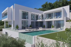 A modern two-story white villa with floor-to-ceiling glass windows and a swimming pool overlooking a mountainous landscape.