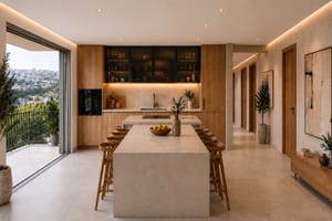 renders of the kitchen island with carpentry and cabinets with an extended sitting dining table