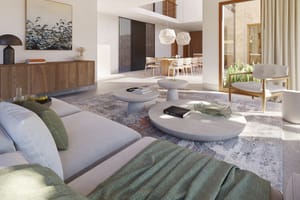 Render of an open-plan living room with kitchen island, dining table and floor-to-ceiling glazing