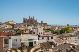 Panoramic rooftop view over Palma Old Town roofs towards the Cathedral and the Mediterranean Sea under a clear blue sky.