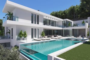 Two-story white modern villa in Son Vida featuring an infinity pool, extensive glass balconies, and landscaped mountain views.