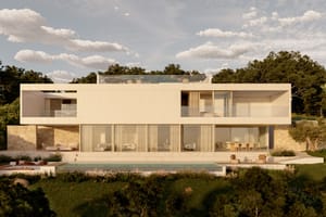 Contemporary villa exterior with pool and terraced garden by day