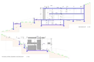 Technical cross-section diagram of the proposed residence showing tiered levels and structural foundation on sloping terrain.