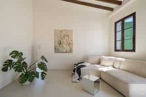 Minimalist living area featuring microcement flooring, light textured sofa, exposed timber beams and a large potted plant.