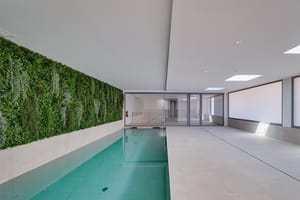 Rectangular indoor lap pool with full-length living plant wall to one side, skylights above and floor-to-ceiling glazing at the far end