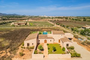 Aerial view of a traditional stone finca with tiled roofs, a private swimming pool, and landscaped gardens in a rural setting.