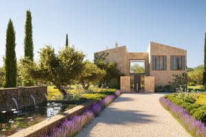 Render of a new-build finca with gabled brick facades, stone base and green-roofed carport pergolas