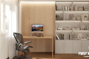 A home office featuring a slatted light oak wood wall, a minimalist desk, an ergonomic mesh office chair, and built-in shelving.