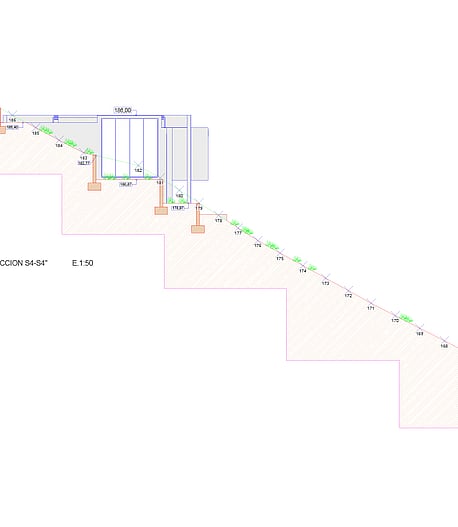 A technical architectural cross-section drawing showing the terraced plot grading and foundation levels for a hillside property.