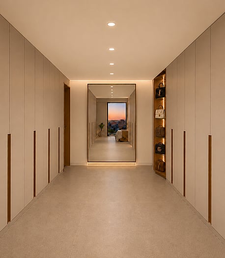 Interior design of walk.in closet from the principal bedroom of Son Dameto apartment Palma