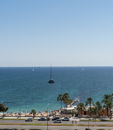 Wide angle view of the sparkling sea and coastline from an elevated balcony, featuring a sandy beach and palm trees.
